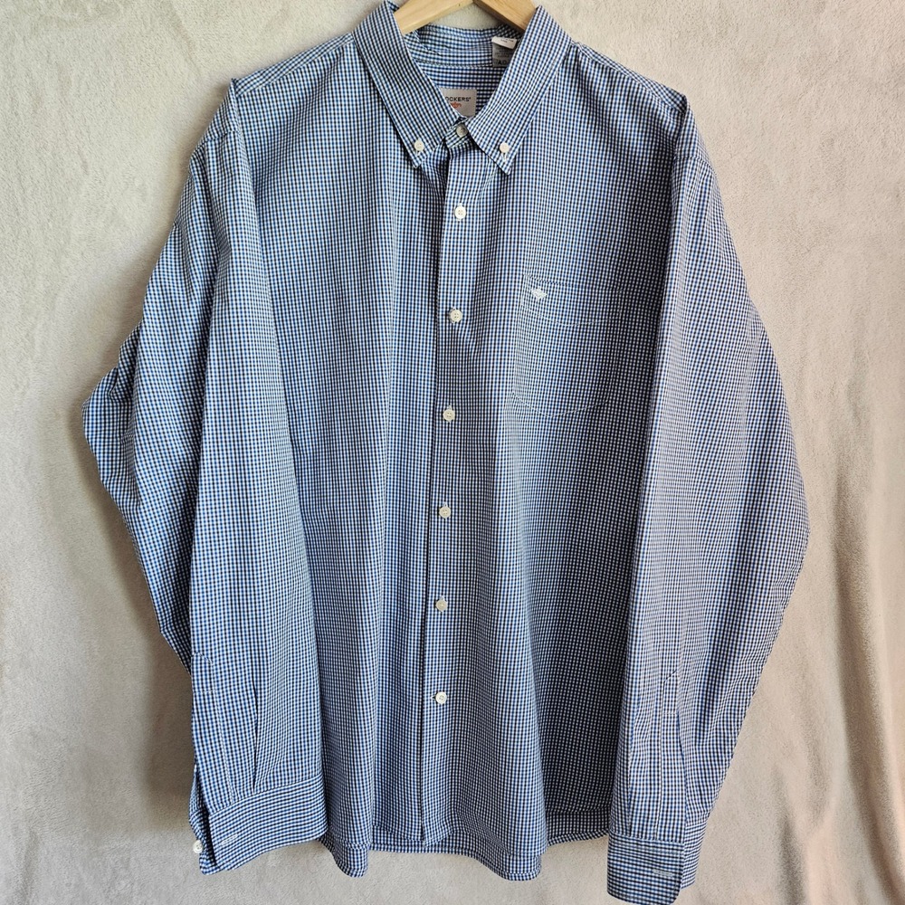 Dockers Mens XXL Blue White Gingham Check Button Down Long Sleeve Shirt Pocket